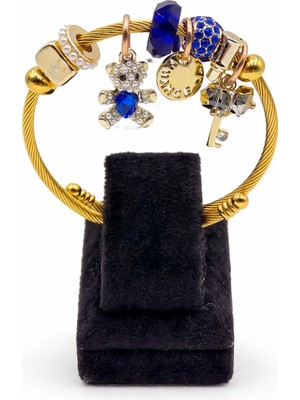 Pangu Mavi Taşlı Ayıcıklı Anahtar Figürlü Altın Renk Çelik Charm Bileklik