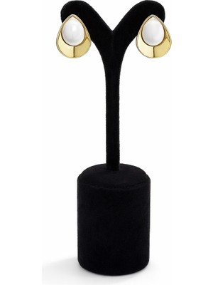 Pangu Damla Formlu Inci Detaylı Altın Renk Çelik Küpe