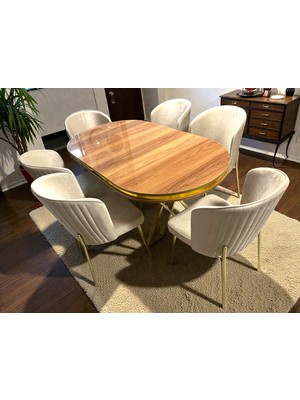 Msy Home  Berya Ceviz Oval Masa Krom Ayak Yönsüz Kumaş Modern ve Şık Yemek Odası Takımı