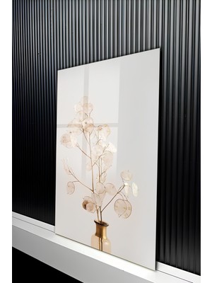 KutuTR Soft Beyaz Zemin Üzeri Okaliptüs Yaprağı Desenli Temperli Cam Tablo 50X70 cm 2d Uv Baskı - YCT247