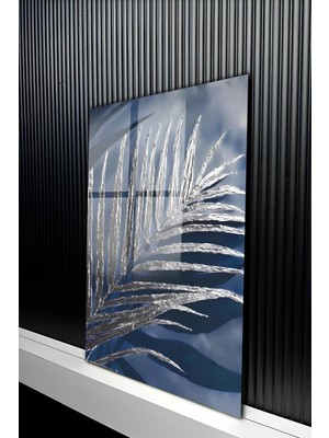 KutuTR Lacivert Zemin Üzerine Gümüş Yaprak Desenli Temperli Cam Tablo 50X70 cm 2d Uv Baskı - YCT162