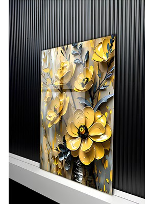 KutuTR Estetik Sarı Çiçek Bahçesi Temalıtemperli Cam Tablo 50X70 cm 2d Uv Baskı - YCT143