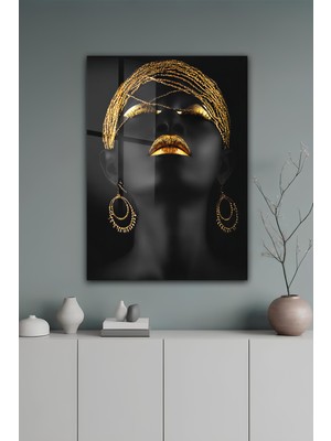 KutuTR Gold Işıltılı Afro Kadın Portresi Temalı Temperli Cam Tablo 50X70 cm 2d Uv Baskı - YCT054