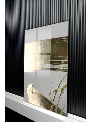 KutuTR Lüks Gold Varaklı Soyut Fırça Darbesi Tasarımlı Temperli Cam Tablo 50X70 cm 2d Uv Baskı - YCT219