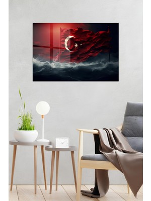 KutuTR Türk Bayrağı Dalga Efektli Deniz Fırtınası Temalı Temperli Cam Tablo 50X70 cm 2d Uv Baskı - YCT046