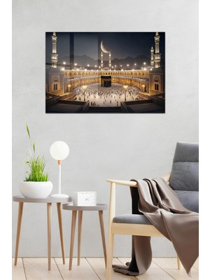 KutuTR Kâbe Manzaralı Gece Işıltılı Modern Islami Temperli Cam Tablo 50X70 cm 2d Uv Baskı - YCT015