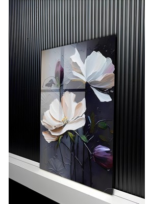 KutuTR Yağlı Boya Dokulu Beyaz ve Mor Çiçekli Temperli Cam Tablo 50X70 cm 2d Uv Baskı - YCT233
