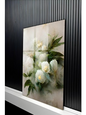 KutuTR Pastel Tonlarda Beyaz Şakayık ve Altın Işıltılı Temperli Cam Tablo 50X70 cm 2d Uv Baskı - YCT190