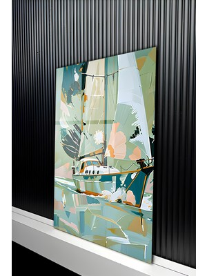 KutuTR Pastel Tonlu Estetik Yelkenli ve Deniz Manzaralı Temperli Cam Tablo 50X70 cm 2d Uv Baskı - YCT290