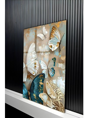 KutuTR Altın Detaylı Turkuaz ve Beyaz Kelebek Temalı Temperli Cam Tablo 50X70 cm 2d Uv Baskı - YCT266