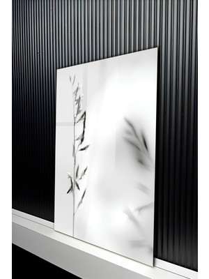 KutuTR Minimalist Siyah Beyaz Ince Dal ve Gölge Temalı Temperli Cam Tablo 50X70 cm 2d Uv Baskı - YCT186