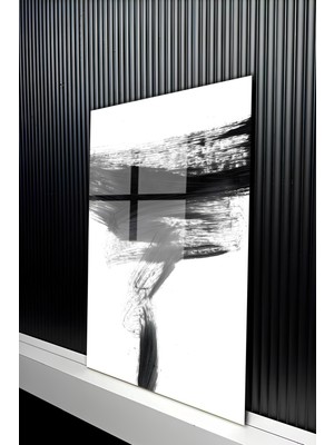 KutuTR Siyah Beyaz Soyut Fırça Darbesi Tasarımlı Temperli Cam Tablo 50X70 cm 2d Uv Baskı - YCT307