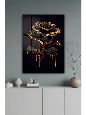 KutuTR Siyah Zemin Gold Detaylı Damla Efektli Gül Temperli Cam Tablo 50X70 cm 2d Uv Baskı - YCT058