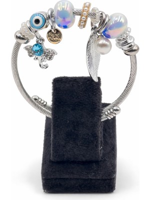 Pangu Nazar Boncuklu Yaprak ve Mavi Taşlı Fil Figürlü Gümüş Renk Çelik Charm Bileklik