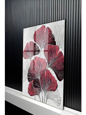 KutuTR Modern Bordo ve Gri Ginkgo Biloba Yaprağı Desenli Temperli Cam Tablo 50X70 cm 2d Uv Baskı - YCT202