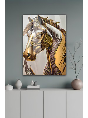 KutuTR Altın Varak Detaylı Estetik At Portresi Temalı Temperli Cam Tablo 50X70 cm 2d Uv Baskı - YCT136