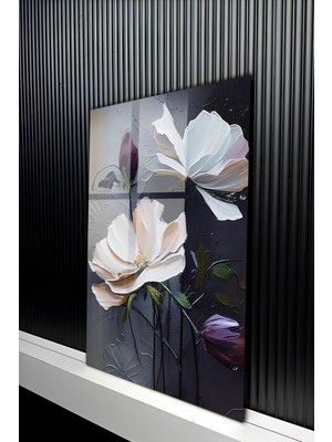 KutuTR Kalın Yağlı Boya Dokulu Modern Çiçek Tasarımlı Temperli Cam Tablo 50X70 cm 2d Uv Baskı - YCT308