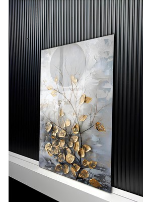 KutuTR Kabartma Görünümlü Modern Yaprak Tasarımlı Temperli Cam Tablo 50X70 cm 2d Uv Baskı - YCT284