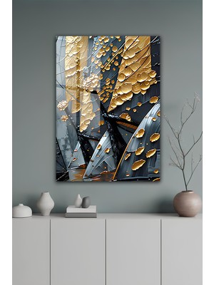 KutuTR Altın Detaylı Soyut Yelkenli ve Dalga Temalı Temperli Cam Tablo 50X70 cm 2d Uv Baskı - YCT135