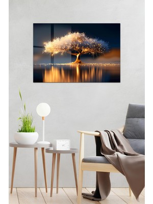 KutuTR Işıltılı Altın Hayat Ağacıı Temalı Temperli Cam Tablo 50X70 cm 2d Uv Baskı - YCT003
