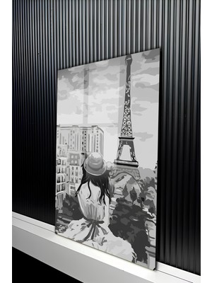 KutuTR Siyah Beyaz Paris Temalı Eyfel Kulesi Manzaralı Temperli Cam Tablo 50X70 cm 2d Uv Baskı - YCT243