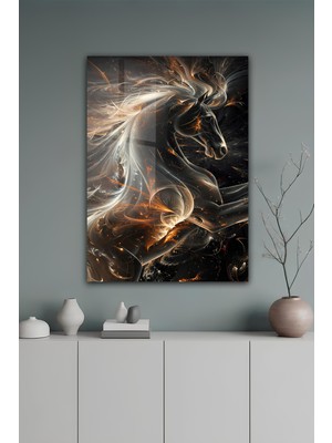 KutuTR Soyut Alev Detaylı Siyah Beyaz At Temalı Temperli Cam Tablo 50X70 cm 2d Uv Baskı - YCT073