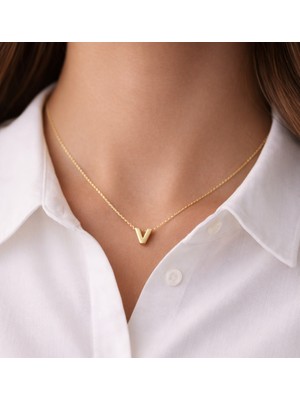 14 Ayar Altın V Harfi Kolye Zinciriyle Beraber