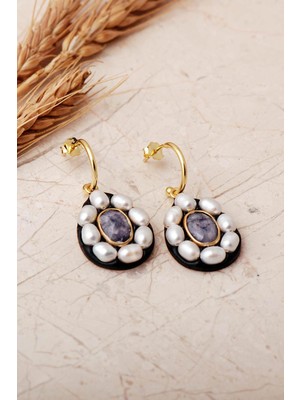 Sümer Telkari 3 Farklı Doğal Taş Seçenekli Altın Yaldızlı İncili 925 Ayar Gümüş Damla Küpe 7415