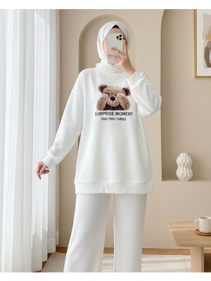 Modamorfo Ayıcık Baskılı Şardonlu 3 Iplik Sweat Takım  -Beyaz