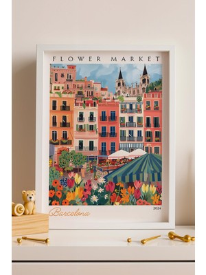 Satürn Design Barselona Ispanya Çerçeveli Tablo Seyahat Severlere Salon ve Ofis Için Estetik Duvar Dekoru Travel Flower Market