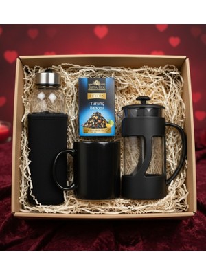 Siyah Matara & Siyah Kupa Bardak & Aromalı Çay & French Press Hediye Seti
