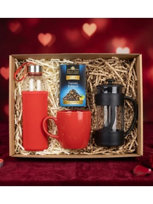 Kırmızı Matara & Kırmızı Kupa Bardak & Aromalı Çay & French Press Hediye Seti