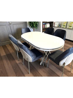 Msy Home Milano Krom Serisi Oval Beyaz Lake Masa Yönsüz Kumaş Modern ve Şık Yemek Takımı