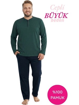 Bie's Erkek Büyük Beden 3 Düğmeli %100 Pamuk Mevsimlik Uzun Kol Cepli Pijama Takımı