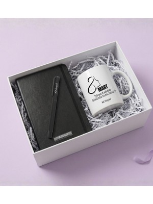 8 Mart Dünya Kadınlar Günü Baskılı Kupa Bardak & Kişiye Özel Siyah Defter & Roller Kalem Hediye Seti - HR2022