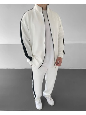 Comstar Erkek Çizgili Fermuarlı Sweatshirt Bol Eşofman Beyaz Ikili Takım