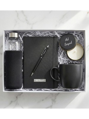 Kişiye Özel Premium Ofis Hediye Seti ( Kılıflı Cam Matara & Defter & Touchpen Kalem & Kupa & Metal Kutulu Mum)