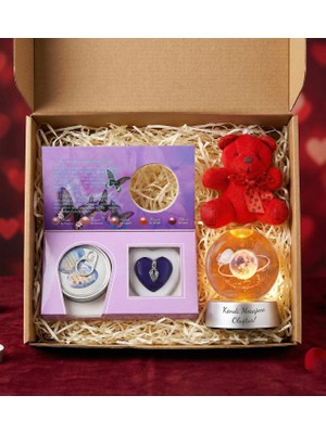 Kişiye Özel Mesaj Baskılı Satürn Kız Kristal Küre & Istiridye Içinde Gerçek Inci Kolye & Kırmızı Ayıcık Anahtarlık Sevgiliye Hediye Seti