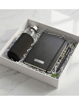 Kişiye Özel Siyah Defter & Roller Kalem & Siyah Kılıflı 500ML Cam Matara Hediye Seti - Ofis Hediyesi