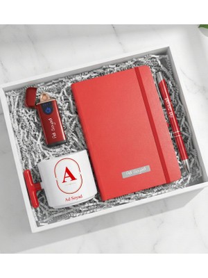 Kişiye Özel T Kupa & Kırmızı USB Çakmak & Defter & Kalem Premium Hediye Seti