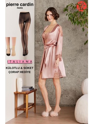 Pierre Cardin 6'lı Saten Gecelik Sabahlık Pijama Takım Şort Takım Gelin Çeyiz Seti 2x Çorap Hediyeli