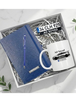 Arabacılara Özel Kişiye Özel Hediye Seti (Araç Plaka Anahtarlık & Kupa & Mavi Defter & Touchpen)