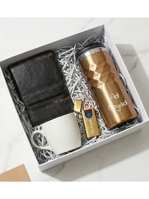 vegahediye v vega Erkek Hediye Seti Gold: Kişiye Özel Geometrik Termos, USB Çakmak, Kupa, Cüzdan ve Kartlık