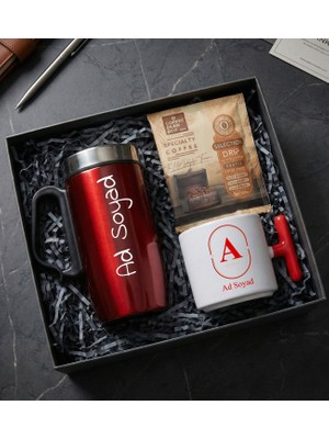 Kişiye Özel 280ML. Kırmızı Bardak Termos & T Kulplu Kupa & Pratik Filtre Kahve Hediye Seti
