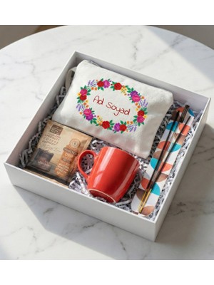 Kişiye Özel Isim Baskılı Ipek Makyaj Çantası & Tütsü & Kırmızı Kupa & Pratik Filtre Kahve Hediye Seti