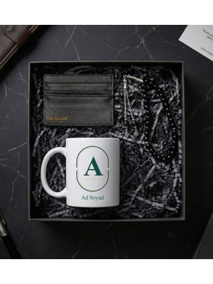 Kişiye Özel Harf Tasarım Beyaz Kupa & Kartlık & Tespih Erkeğe Hediye Seti