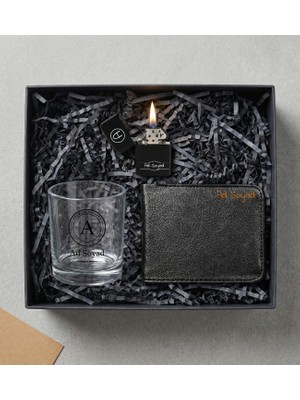 Kişiye Özel Viski Bardağı & Benzinli Çakmak & Cüzdan Erkeğe Hediye Seti
