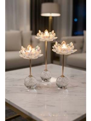 Furkan Kristal Damlalı Küre Taşlı 3'lü Cam Mumluk Şamdanlık Seti Gold