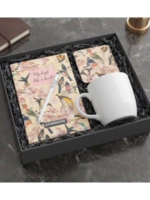 Kişiye Özel Kuş Motifli Defter & Beyaz Touchpen & Beyaz Kupa Bardak & Kuş Motifli Bardak Altlığı Hediye Seti