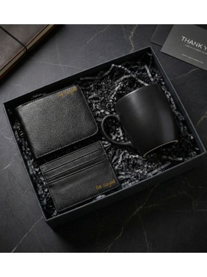 Kişiye Özel Suni Deri Erkek Cüzdan & Suni Deri Kartlık & Siyah Kupa Erkeğe Özel Hediye Seti